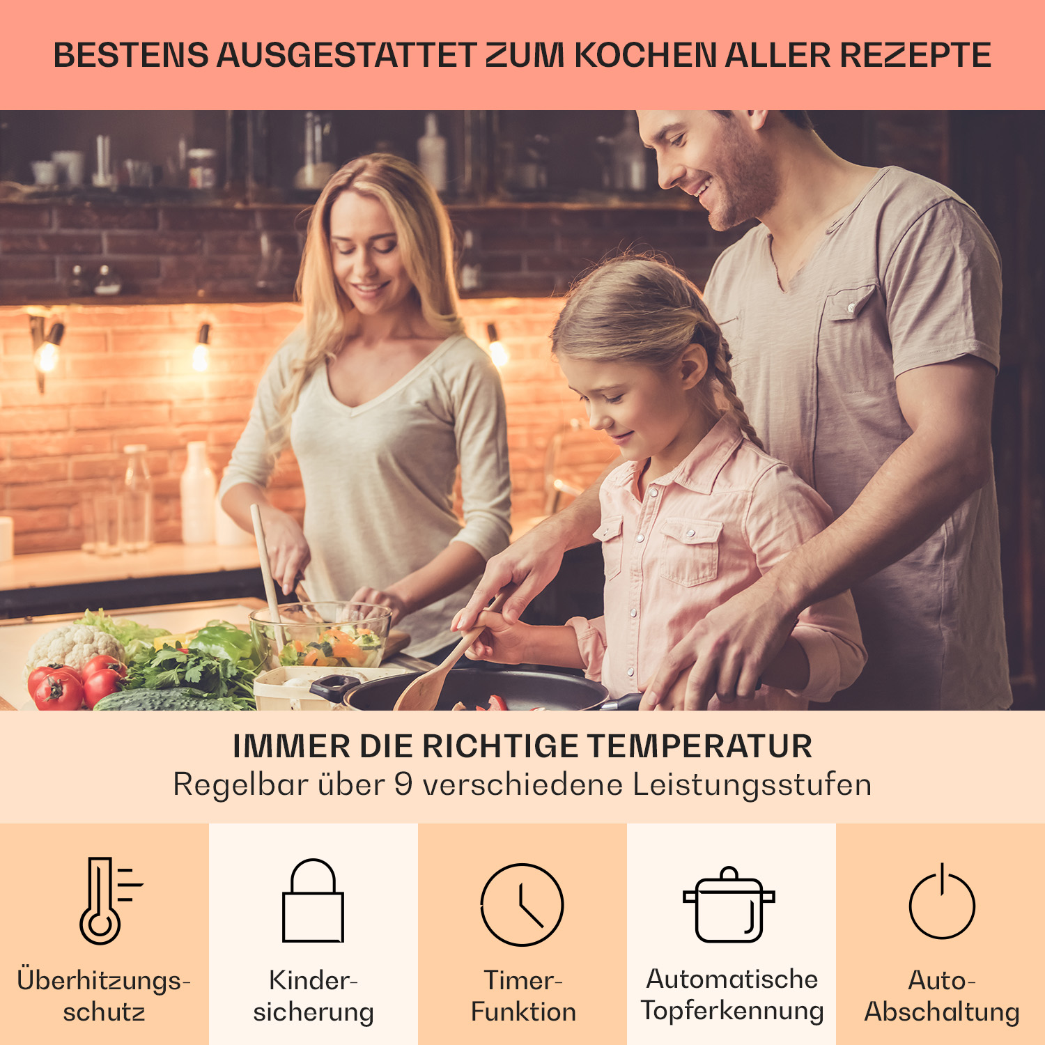 Famiglia che cucina, con testo su temperatura e protezione.