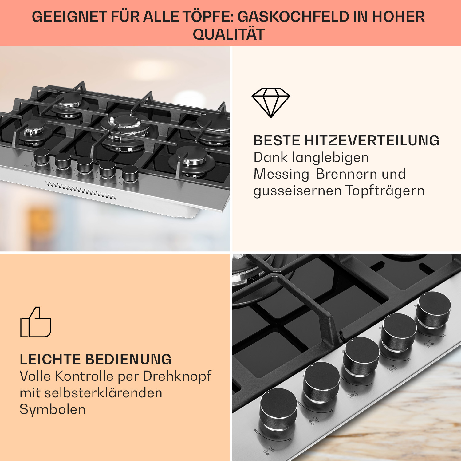 Nahaufnahme eines Gas-Kochfelds aus Edelstahl mit schwarzen Knöpfen. Text über Wärmeverteilung und Benutzerfreundlichkeit.