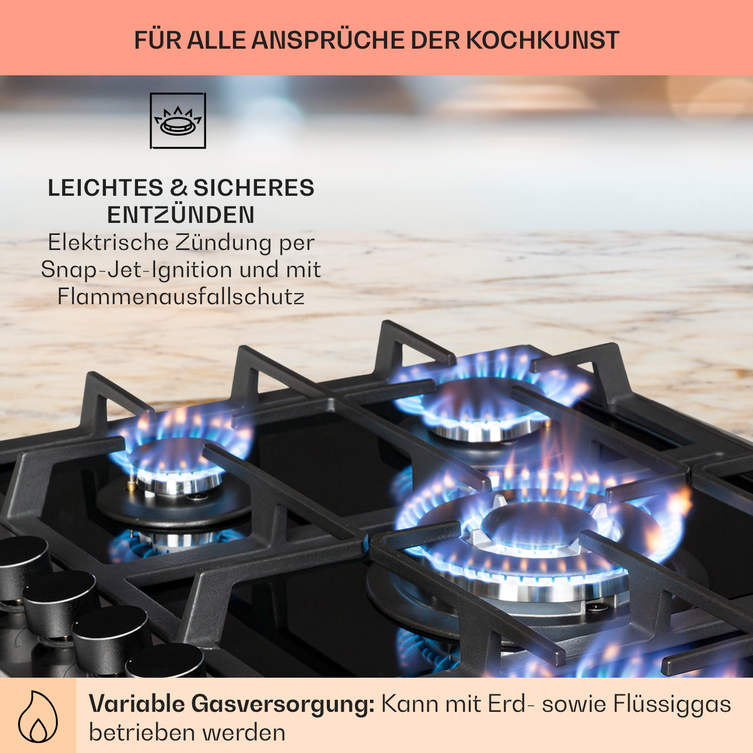 Nahaufnahme eines Gasherds mit blauen Flammen. Das Bild zeigt die Brenner und Bedienknöpfe.