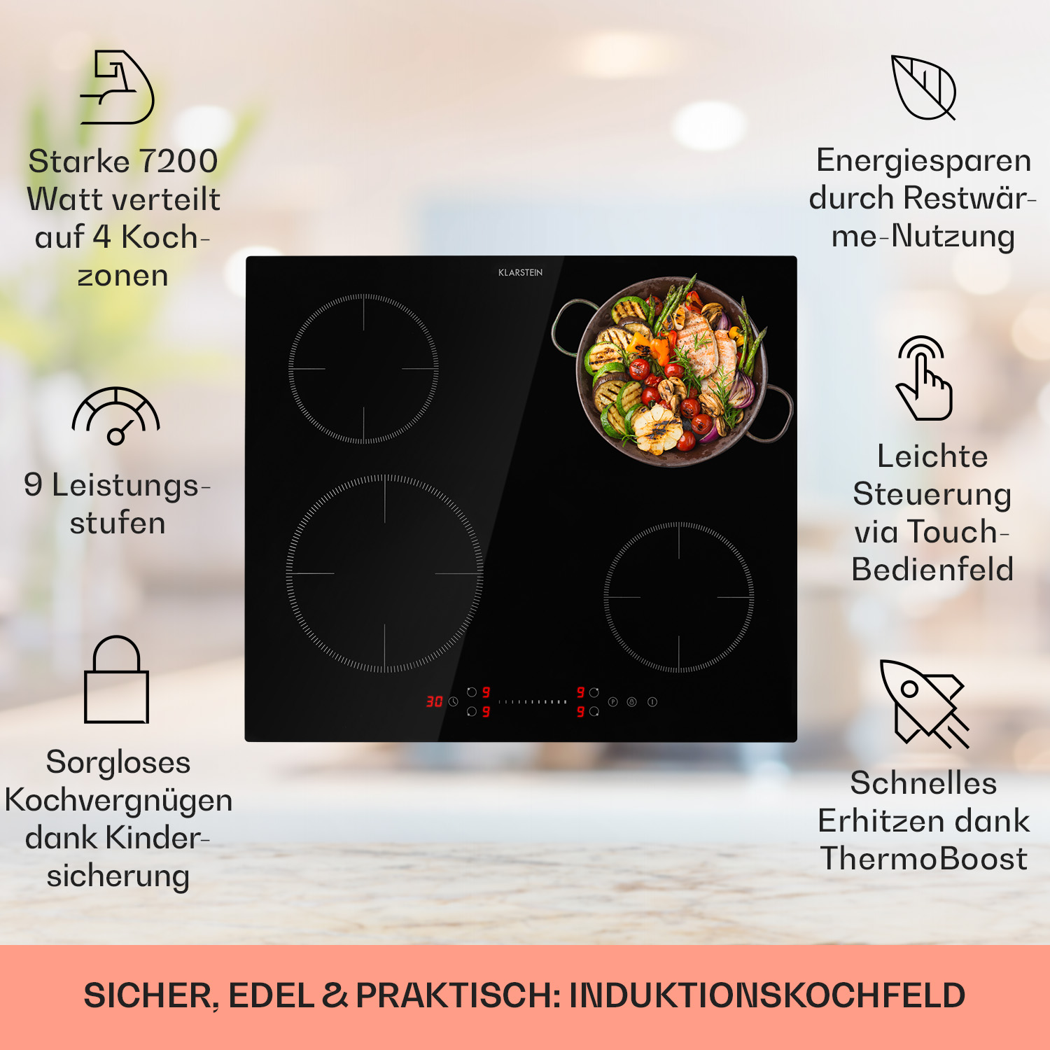 Ein schwarzes Induktionskochfeld mit vier Kochfeldern. Verschiedene Symbole und Textbeschriftungen.