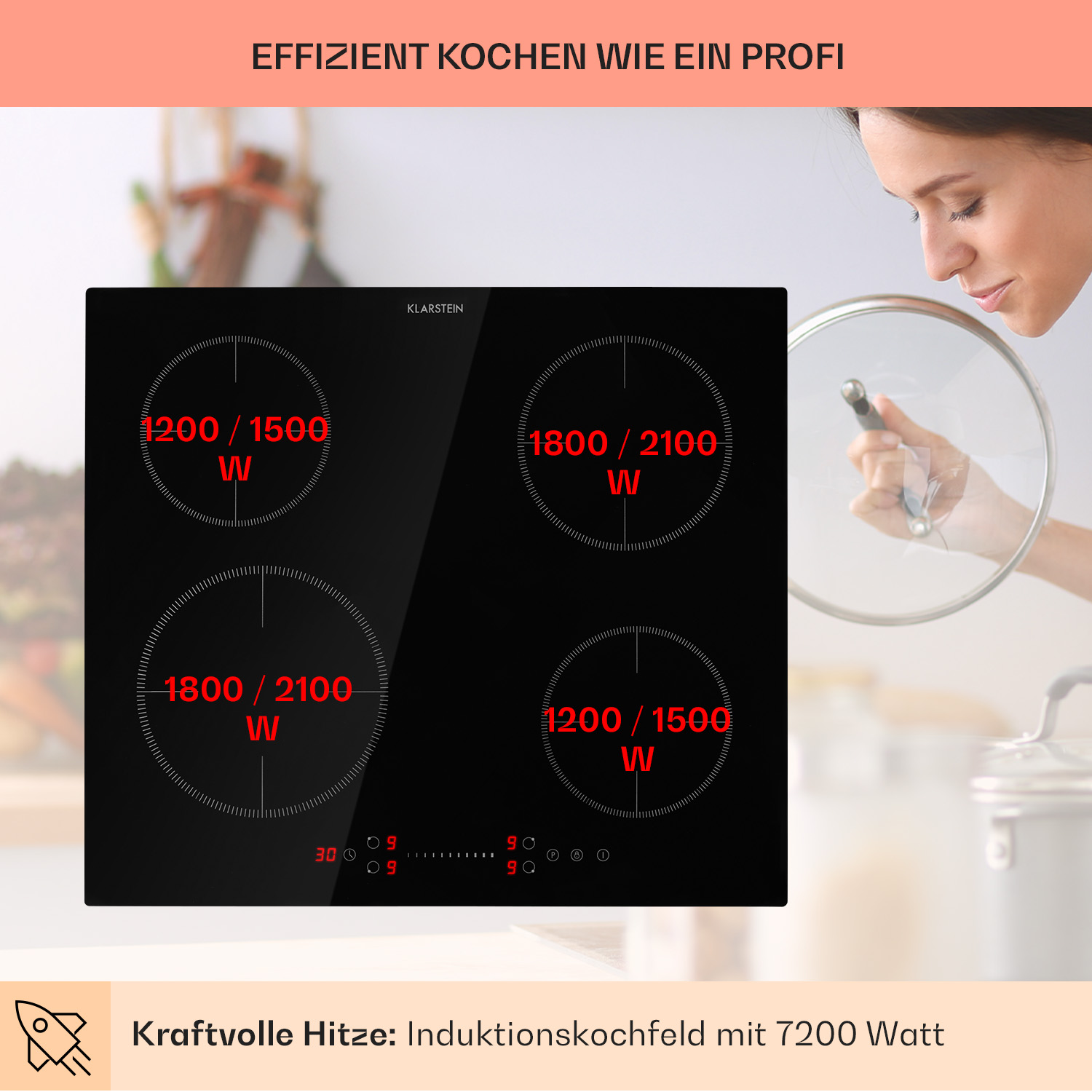 Schwarzes Induktionskochfeld mit vier Kochfeldern. Frau hält Deckel. Leistungsstufen angezeigt.