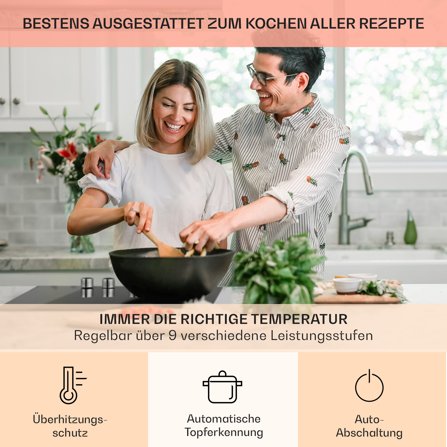 Una pareja cocinando con una sartén en una estufa con texto en alemán.