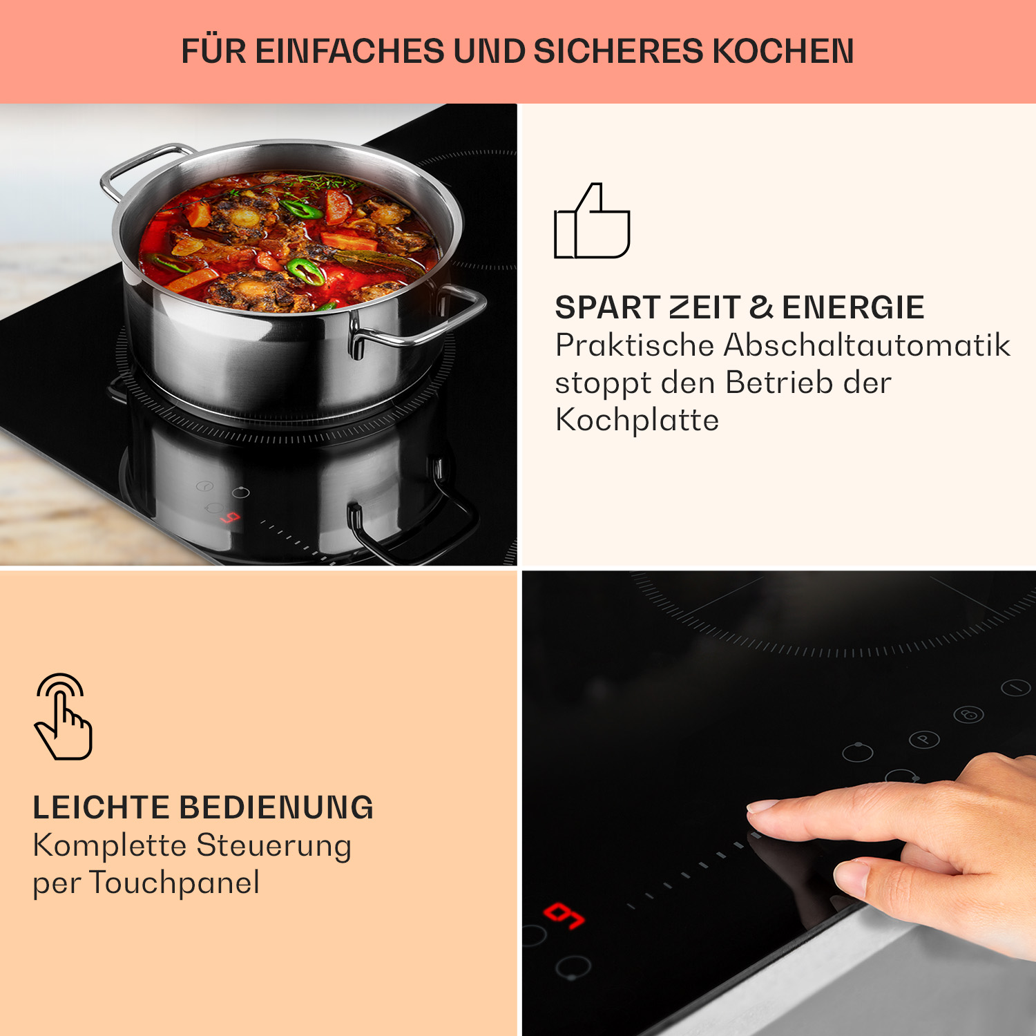 Ein elektrisches Kochfeld mit einem Topf mit Essen und einer Hand, die das Bedienfeld berührt.