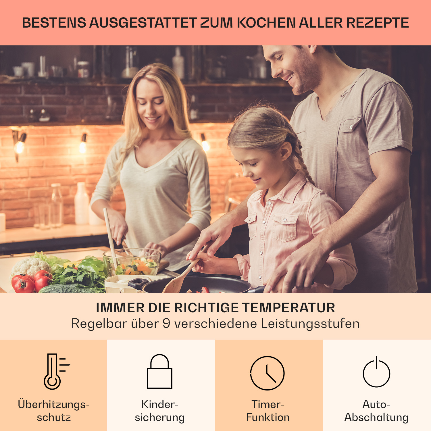 Eine Familie kocht zusammen, mit Symbolen, die Funktionen anzeigen, mit deutschem Text.