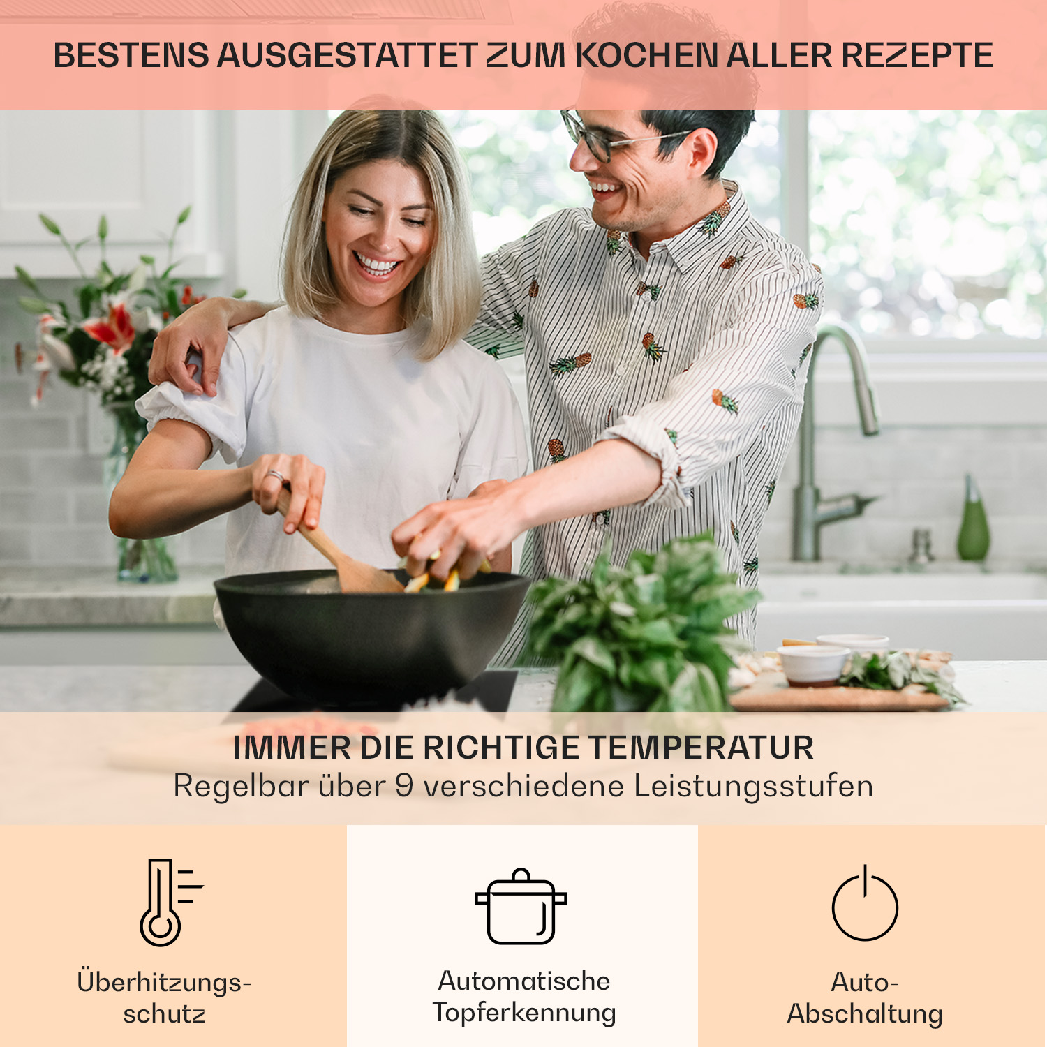 Pareja cocinando en la cocina, con texto sobre características: sobrecalentamiento, detección automática de ollas y apagado automático.