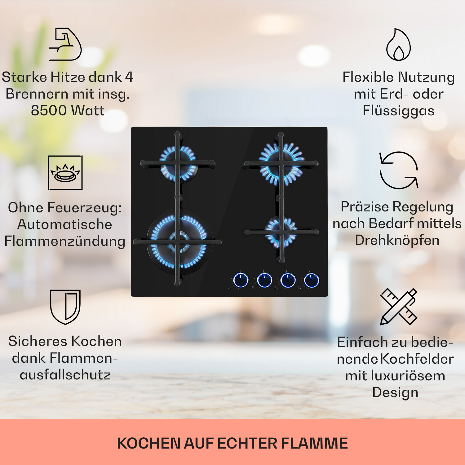 Ein schwarzes Glaskochfeld mit blauen Flammen. Es gibt vier Brenner und Touch-Bedienelemente.