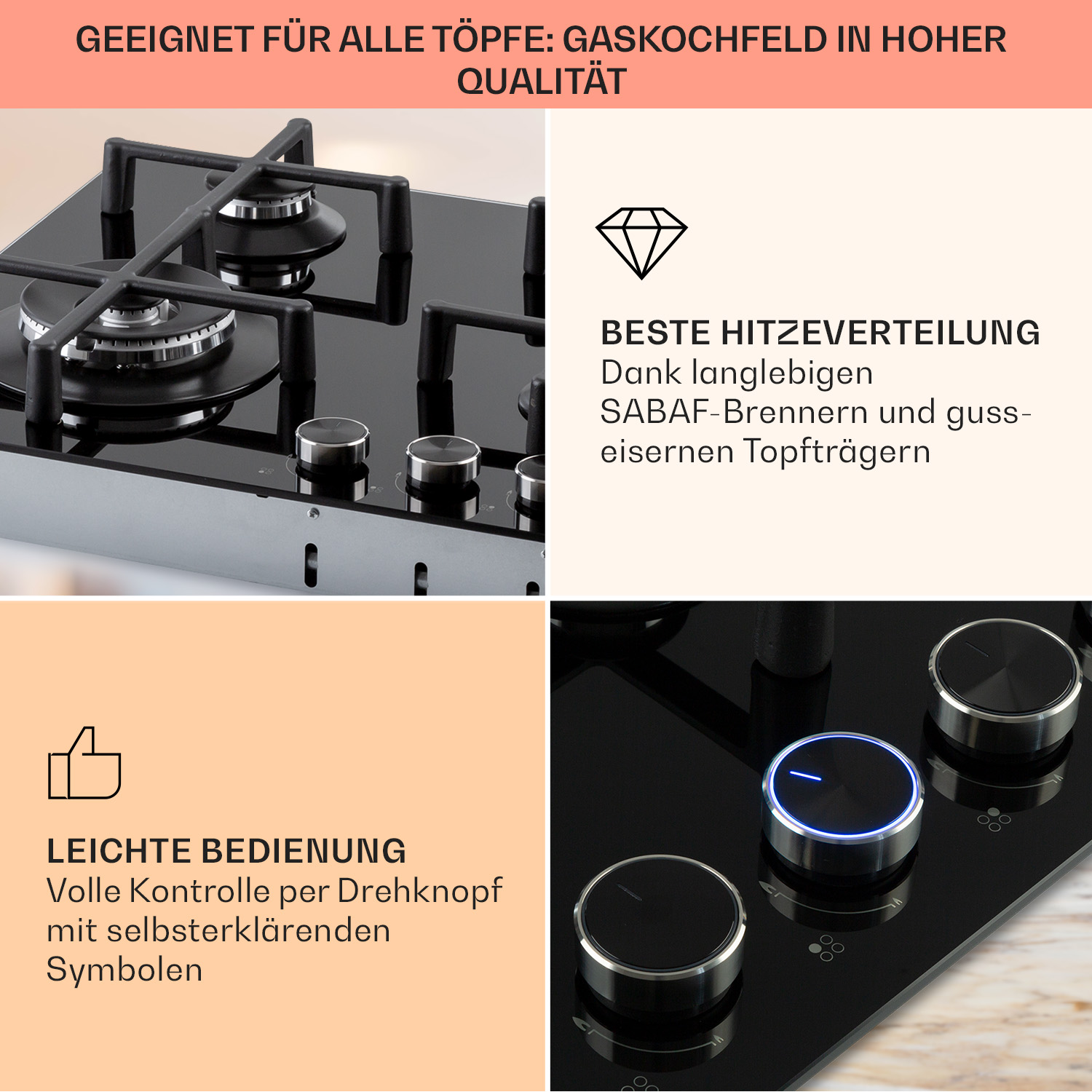 Nahaufnahme eines schwarzen Gaskochfelds mit silbernen Knöpfen und Text über Qualität und Funktionen.