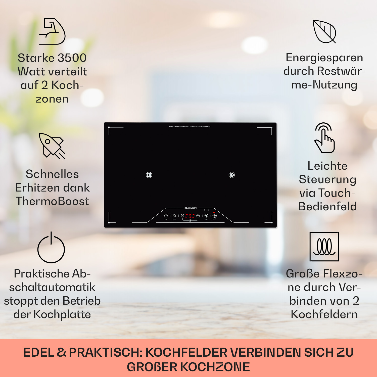 Placa de inducción negra con iconos y texto. Incluye 3500W de potencia, control táctil y una gran zona flexible.