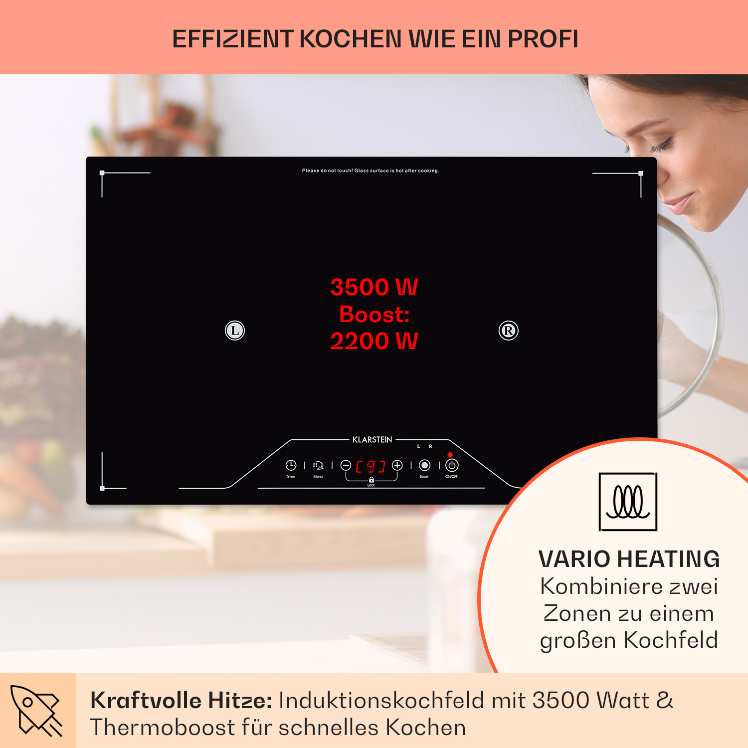 Placa de inducción negra con una mujer al fondo, mostrando 3500W de potencia y varios iconos de control.