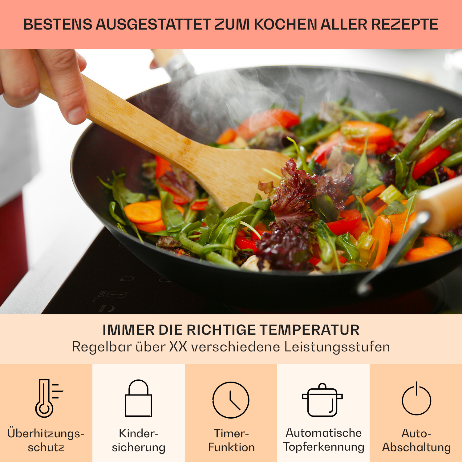 Una persona cocinando en un wok. Hay verduras y vapor. Texto: Mejor adecuado para todas las recetas.