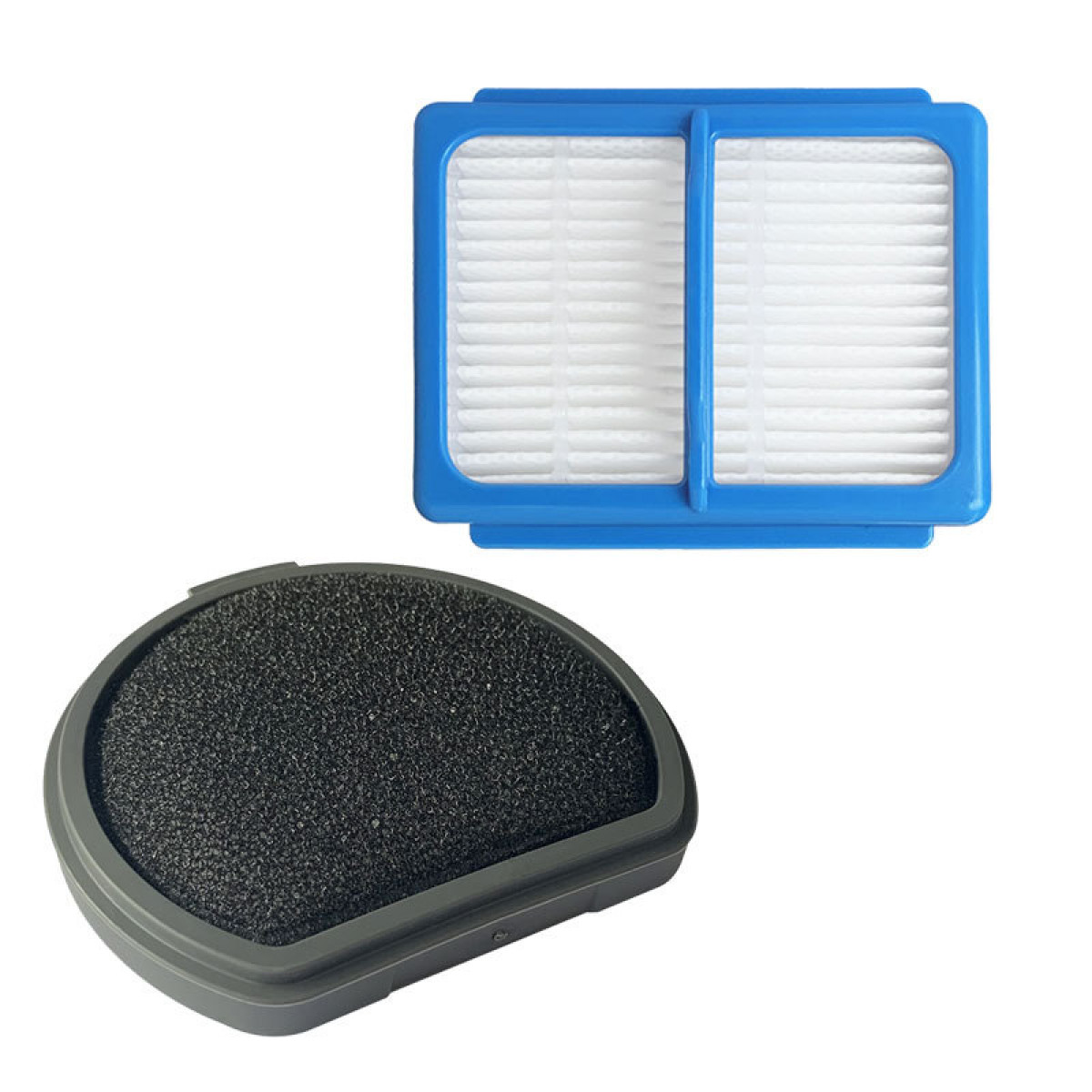 Zwei Filter. Einer mit blauem Rahmen und weißem Filter, darunter ein schwarzer Schwammfilter.