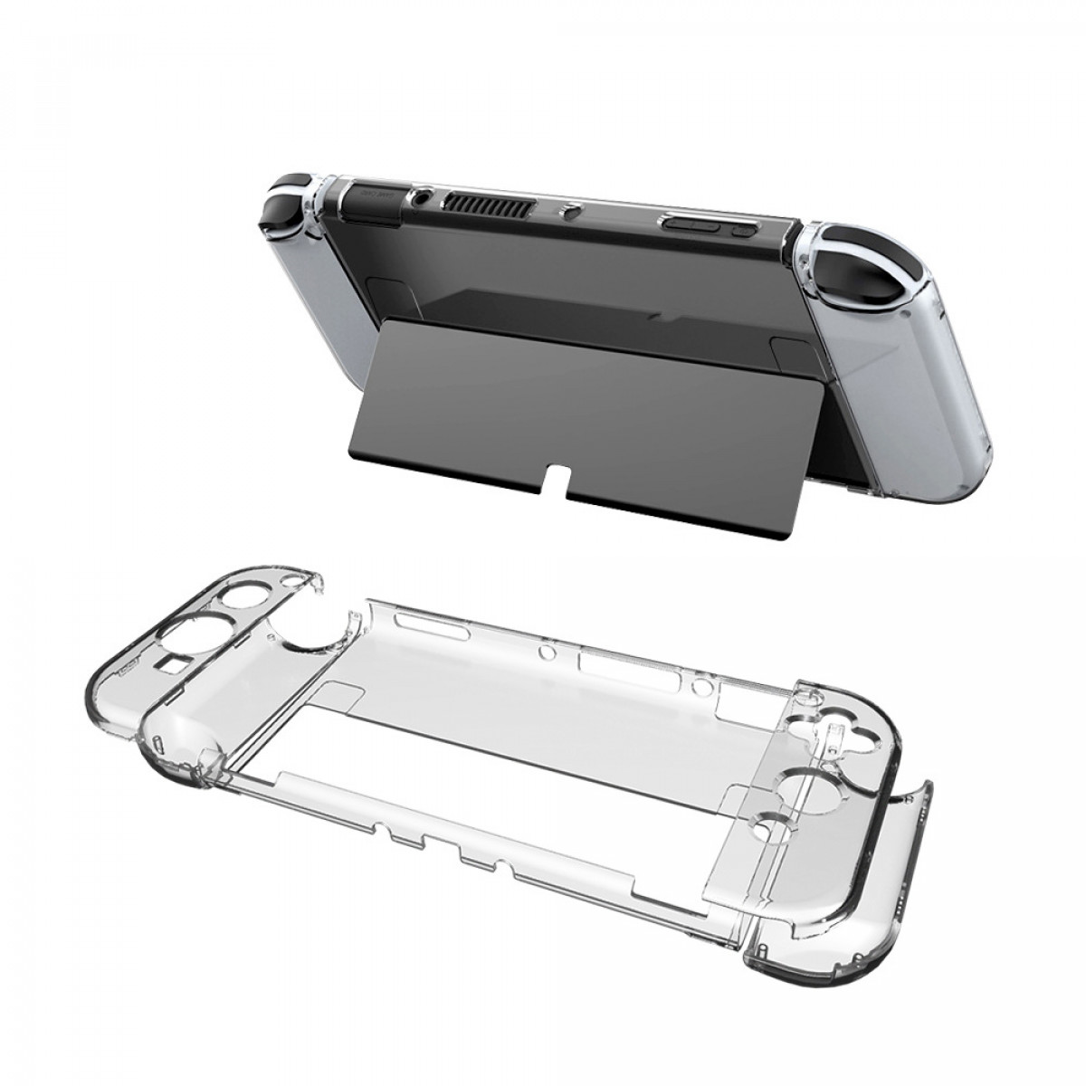 Housse de protection en plastique transparent pour une console Switch, ouverte et fermée.