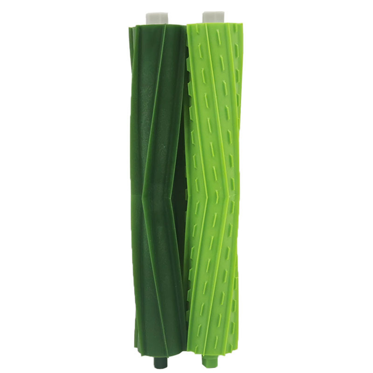 Dos rodillos de cepillo cilíndricos verdes y verde oscuro para una aspiradora.