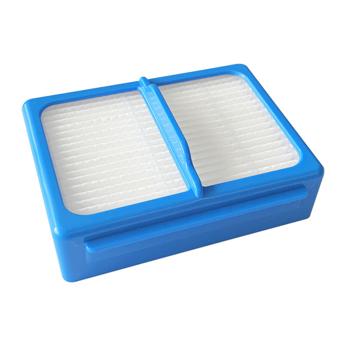 Ein blauer, rechteckiger Filter mit weißem, gewelltem Filtermedium wird vor weißem Hintergrund gezeigt.