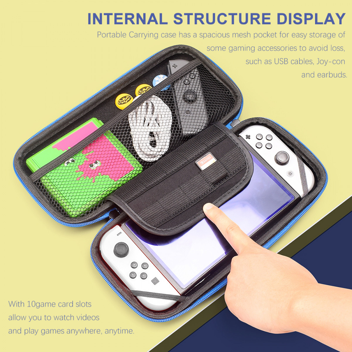 Une mallette de transport ouverte, révélant une console de jeu, des manettes et des accessoires. Une main montre la console.