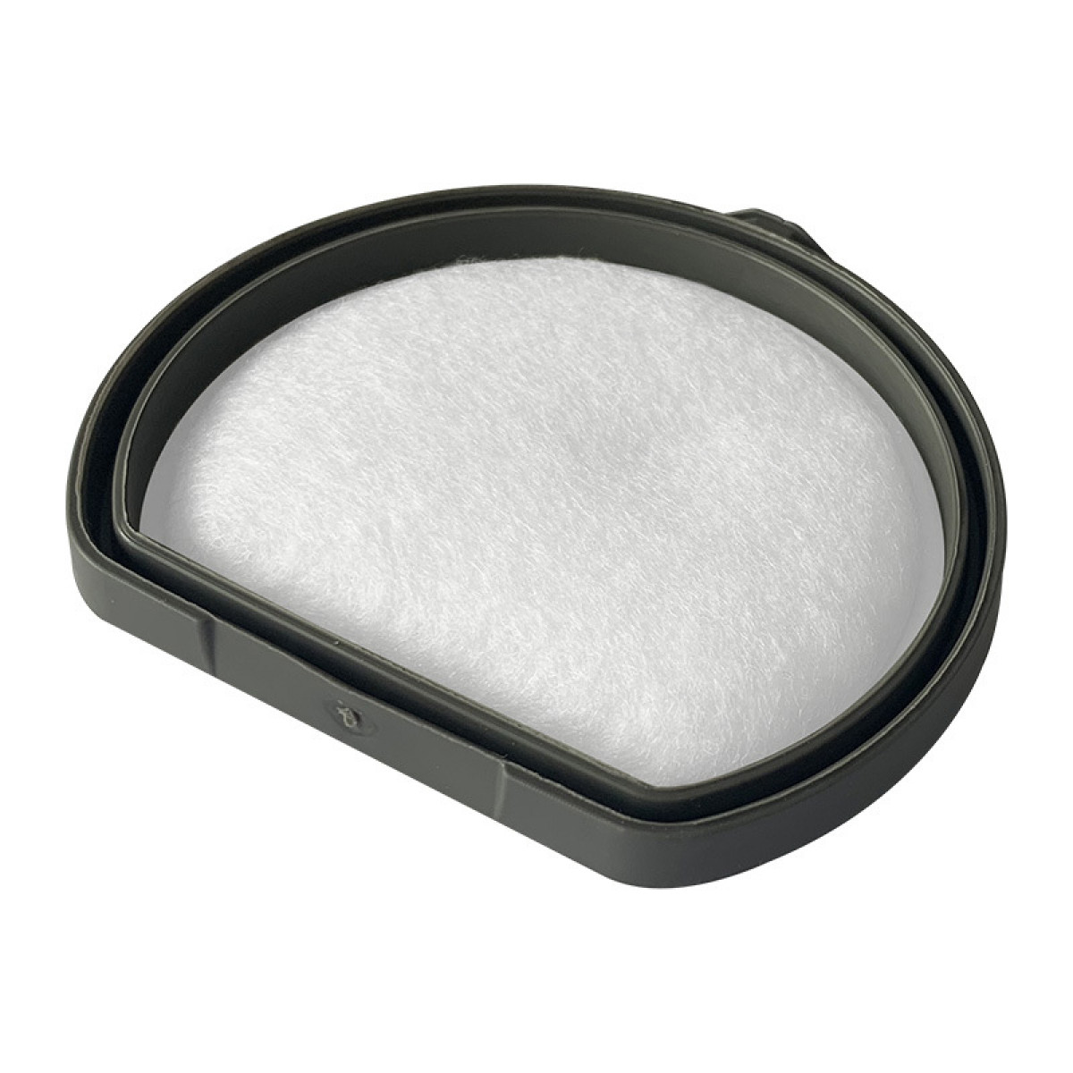 Nahaufnahme eines dunkelgrauen Filters in einem schwarzen Rahmen mit weißem Filtermedium.