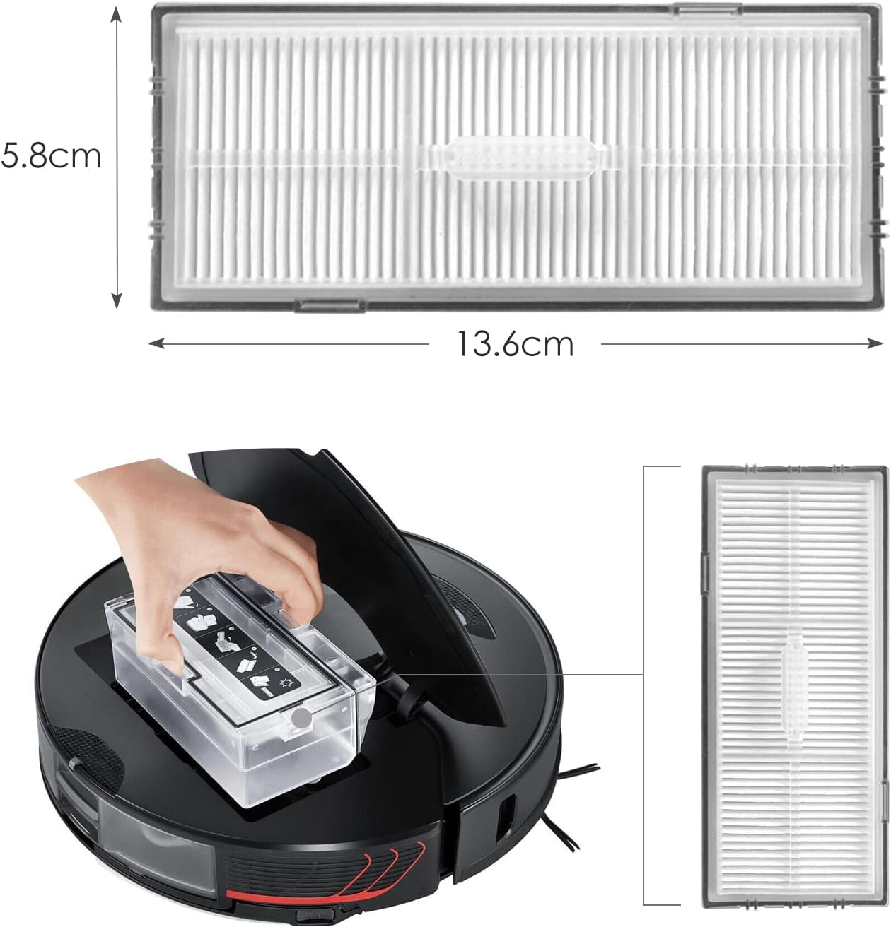 Robot odkurzacz z filtrem, ręka wyjmuje pojemnik.