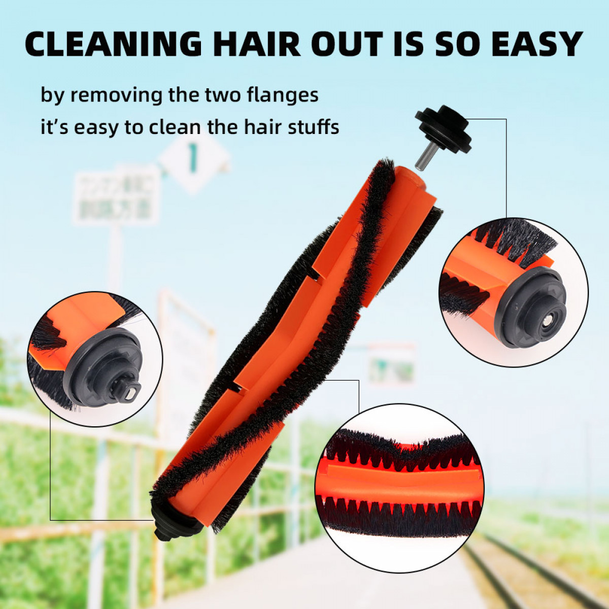 Nahaufnahme der Staubsaugerbürste. Orange und schwarze Teile. Text sagt, dass es leicht ist, Haare zu reinigen.