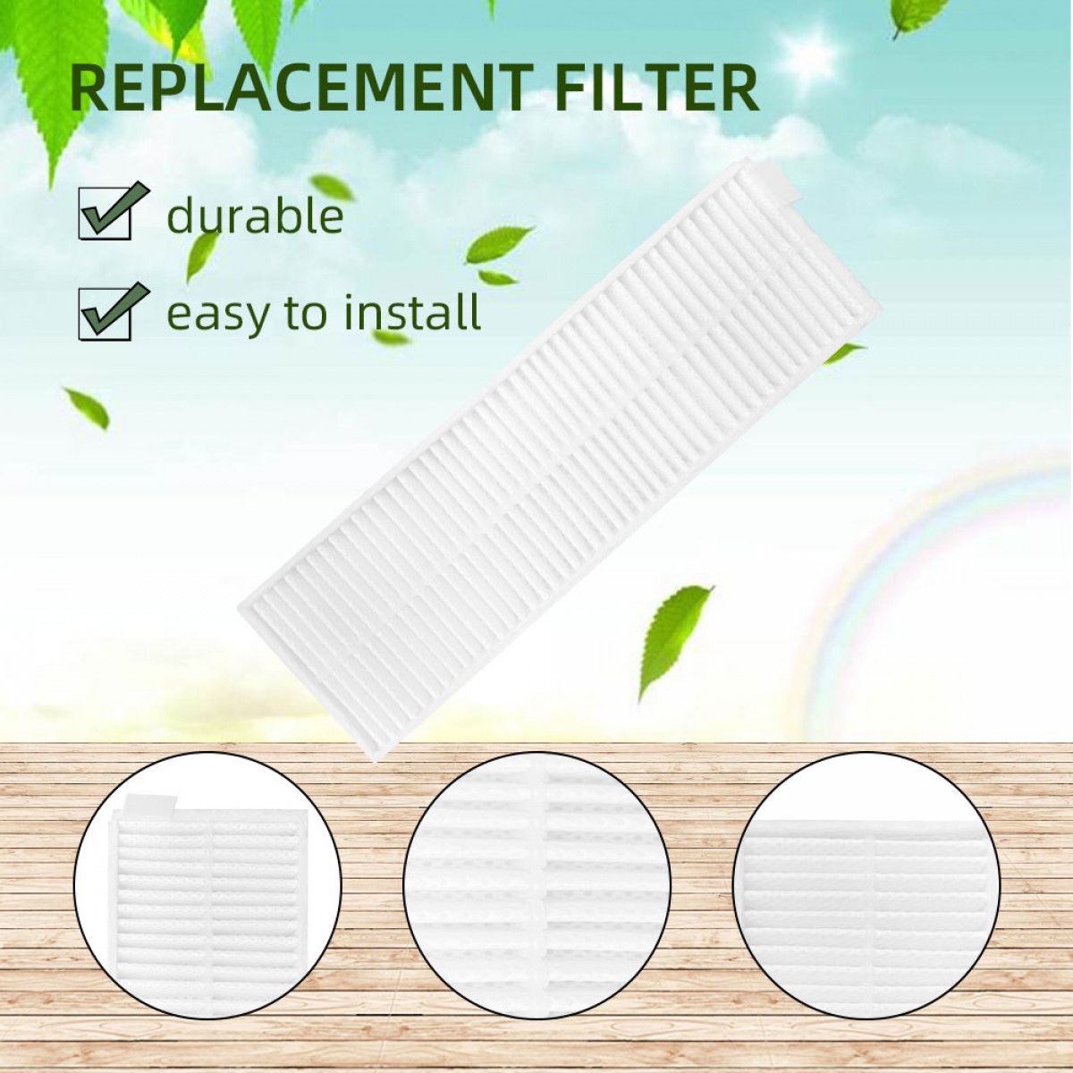 Weißer Ersatzfilter. Text sagt 'Ersatzfilter', 'langlebig' und 'einfach zu installieren'. Grüne Blätter sind vorhanden.