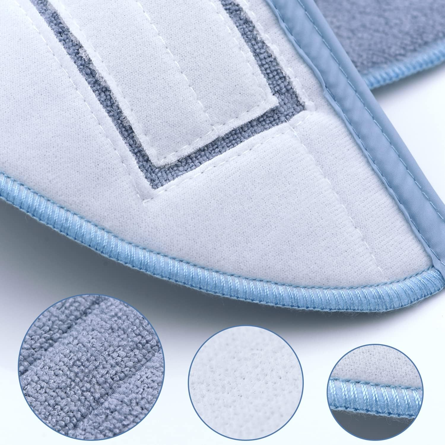 Zbliżenie białej i niebieskiej wkładki do mopa z mikrofibry, z widokami szczegółów.