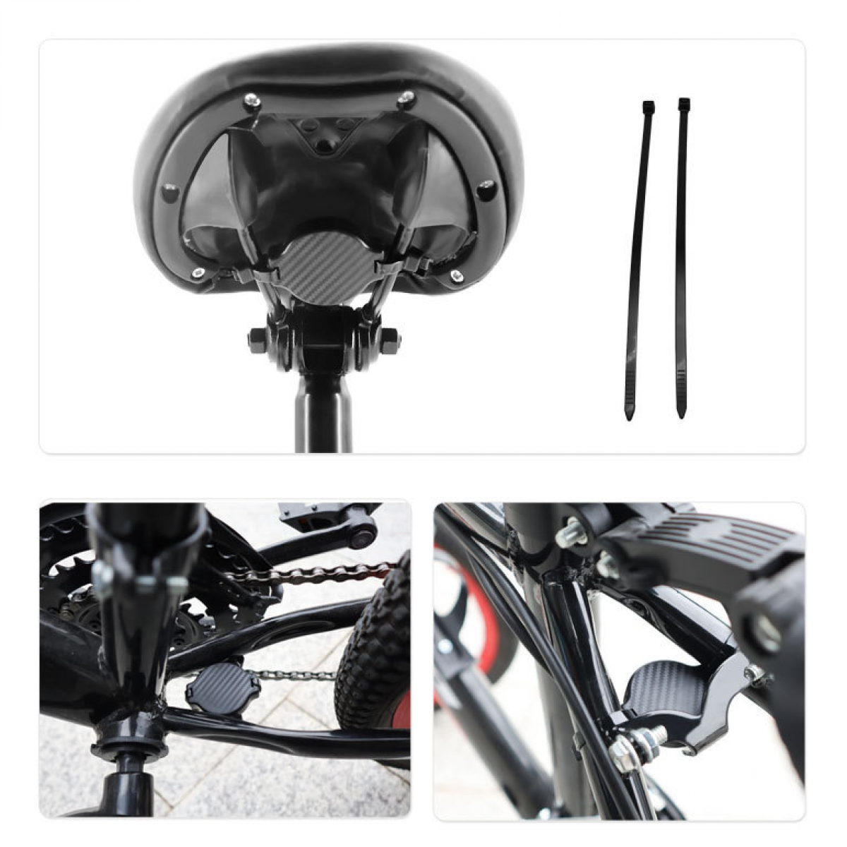 Siodło rowerowe z dwoma czarnymi opaskami zaciskowymi. Trzy zdjęcia części roweru, w tym zbliżenia.