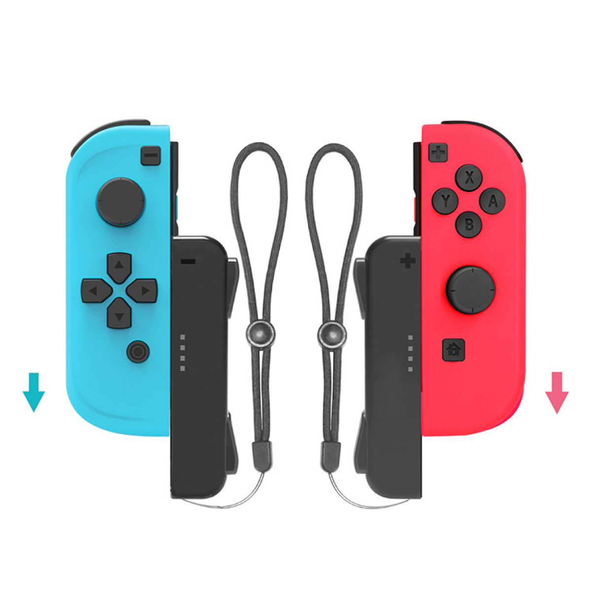 Zwei Gamecontroller. Einer blau, einer rot. Pfeile zeigen nach unten. Schwarze Handgelenkschlaufen befestigt.