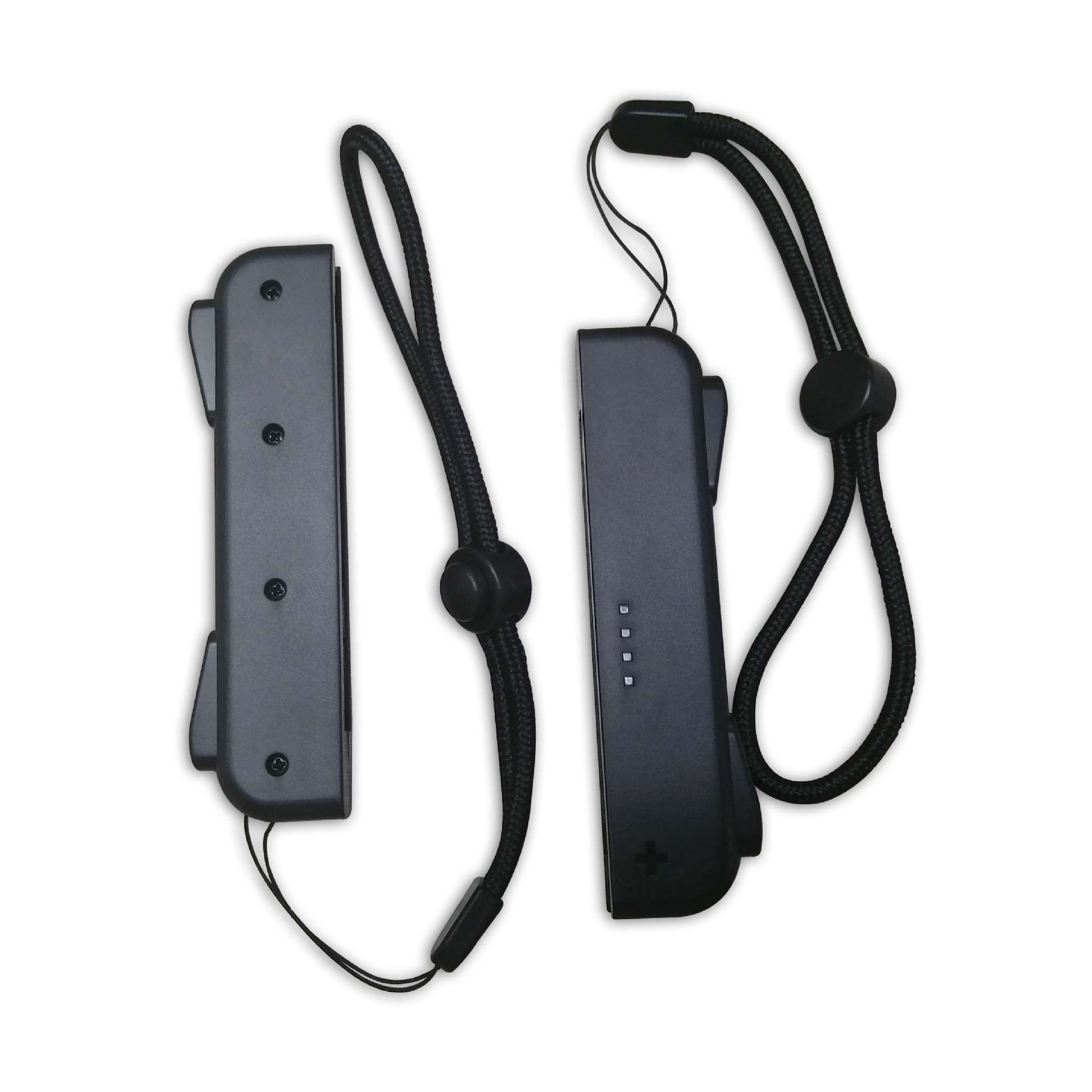 Zwei schwarze Nintendo Switch Joy-Con Controller mit Handschlaufen.