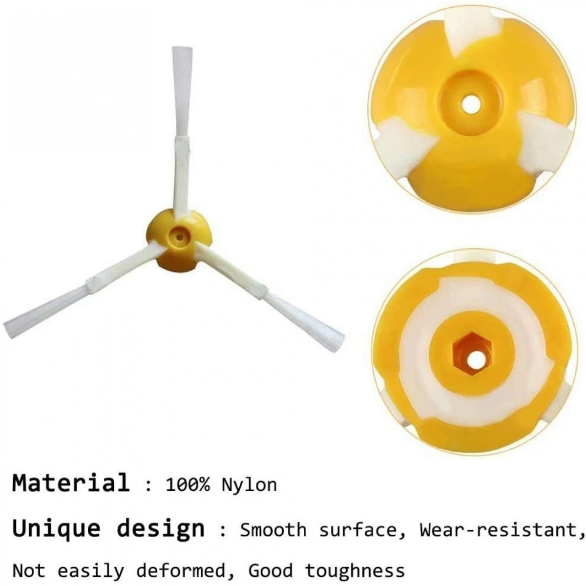 Żółte części robota sprzątającego: szczotka, żółte i białe okrągłe szczotki.