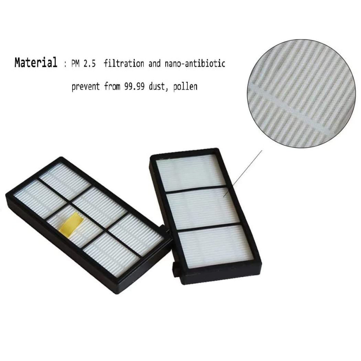 Dwa prostokątne filtry powietrza z białym materiałem filtracyjnym i zbliżenie materiału.