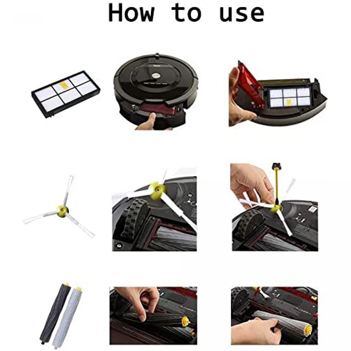 Instrukcje dla robota sprzątającego. Pokazuje filtr, szczotki i sposób instalacji.