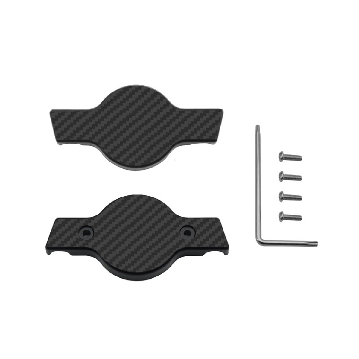 Czarne osłony klamek z włókna węglowego, śruby i klucz na białym tle.