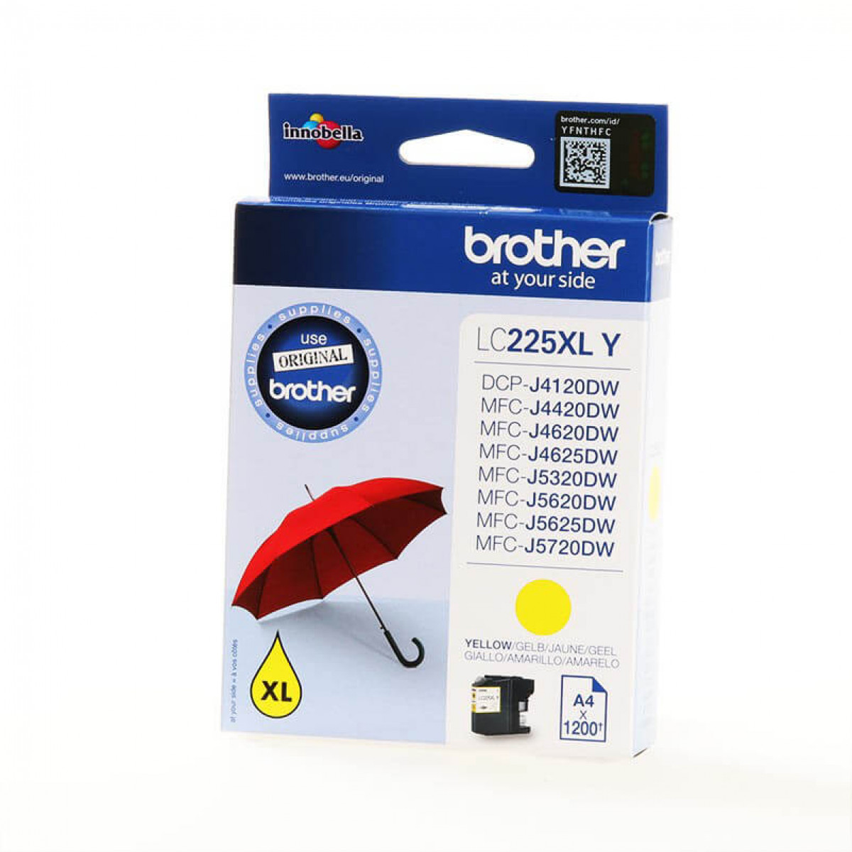 A Brother ink cartridge box. It's blue and white. The box features a red umbrella graphic and lists compatible printer models.