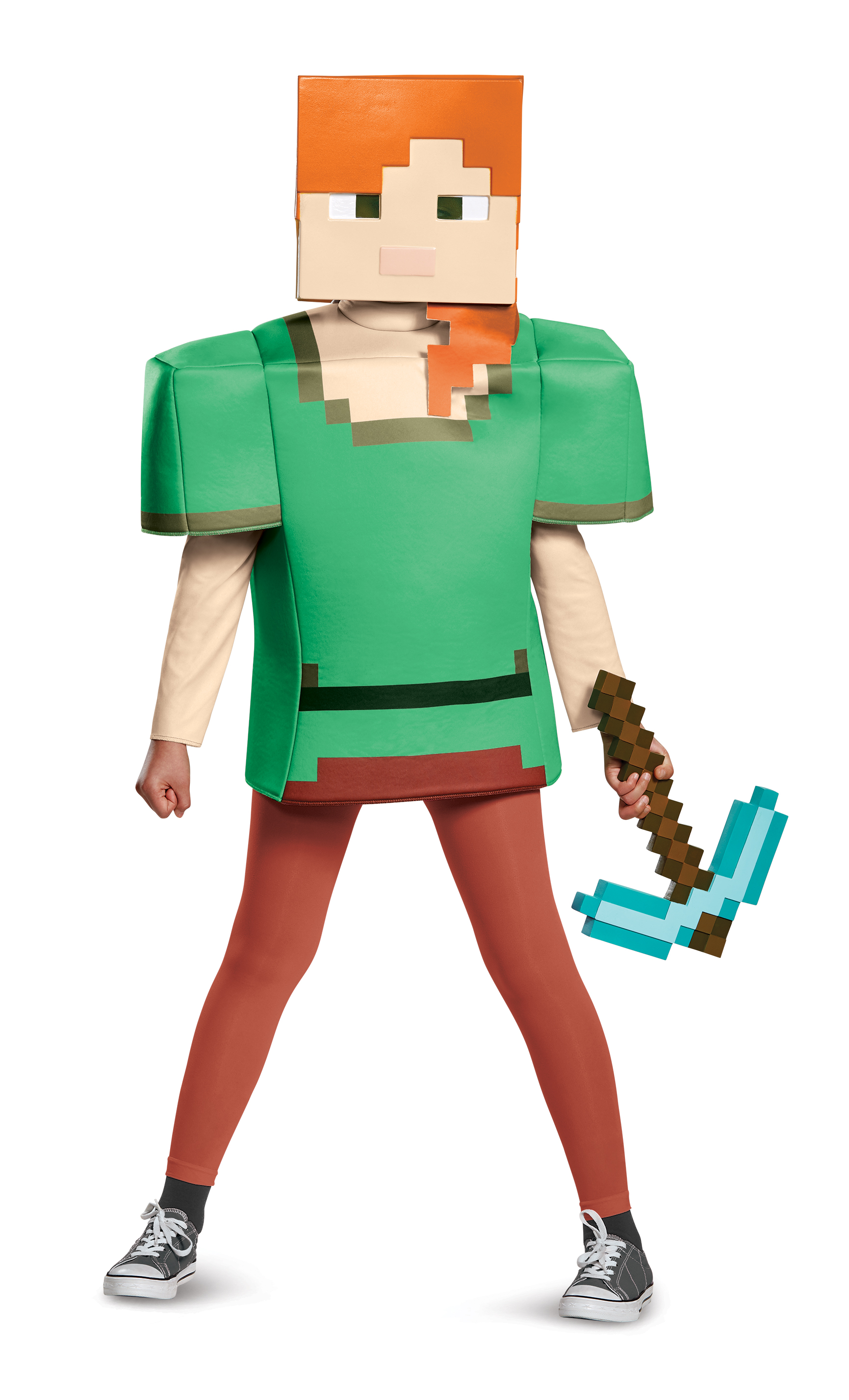 Ein Kind in einem Minecraft Alex-Kostüm, das eine Spitzhacke hält. Das Kostüm ist blockig und pixelig.