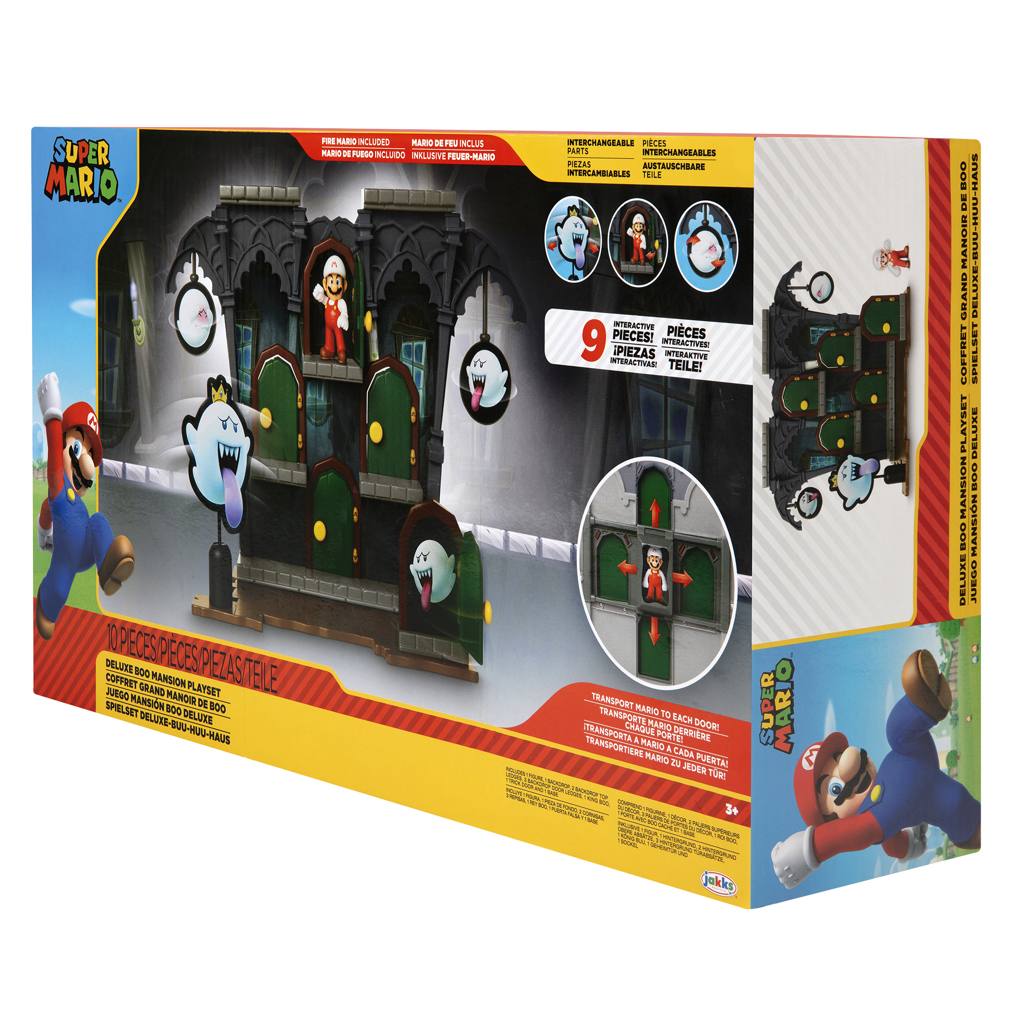 Super Mario Deluxe-Spielset-Box. Enthält Mario, Luigi und Boo-Figuren, mit dem Herrenhaus im Hintergrund.