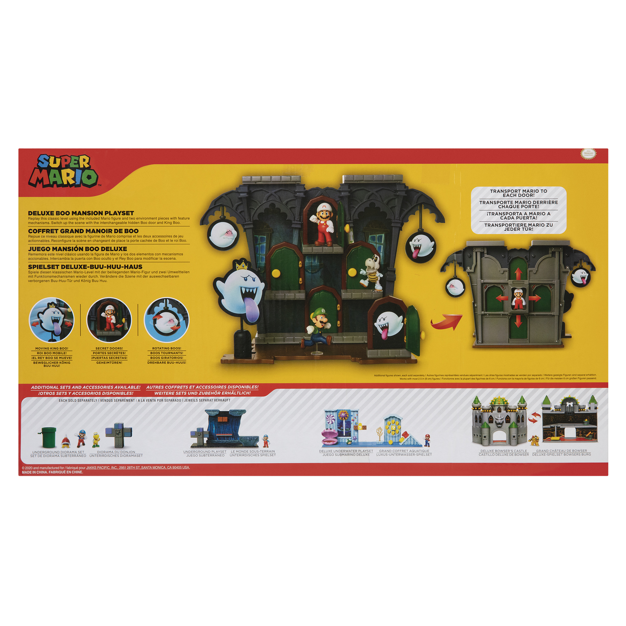 Super Mario Deluxe Boo Mansion Spielset-Box mit Spiel-Elementen und Figuren, auf weißem Hintergrund.