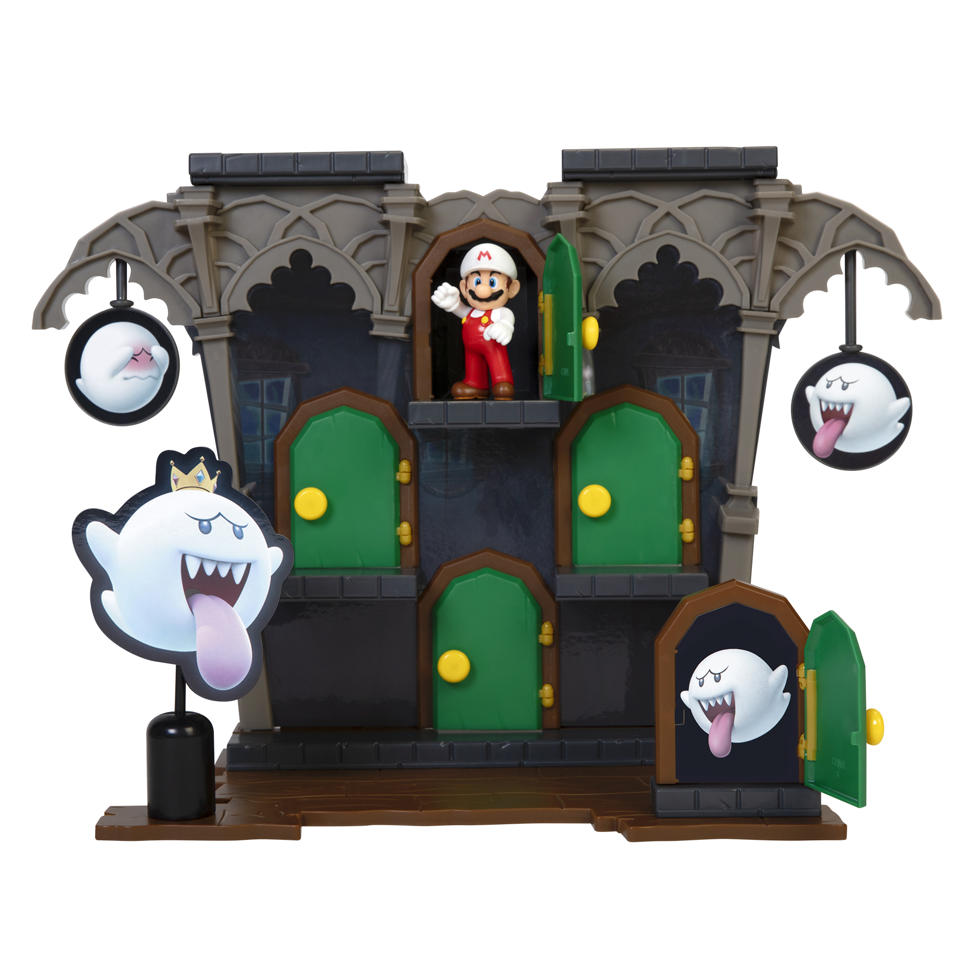 Ein Spielzeugset mit einem Spukhaus, Geistern und einer Mario-Figur.