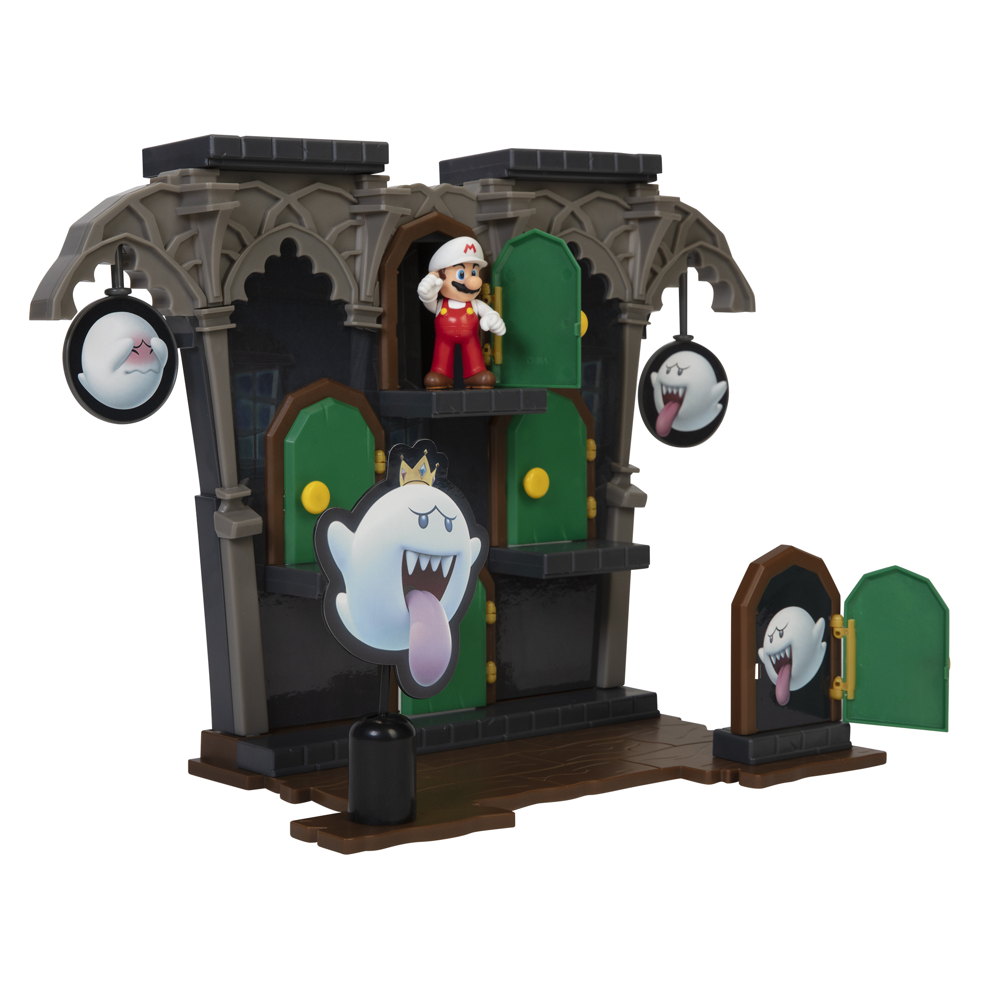Ein Spielzeugset mit Mario und Buu Huu in einem Spukhaus-Setting.