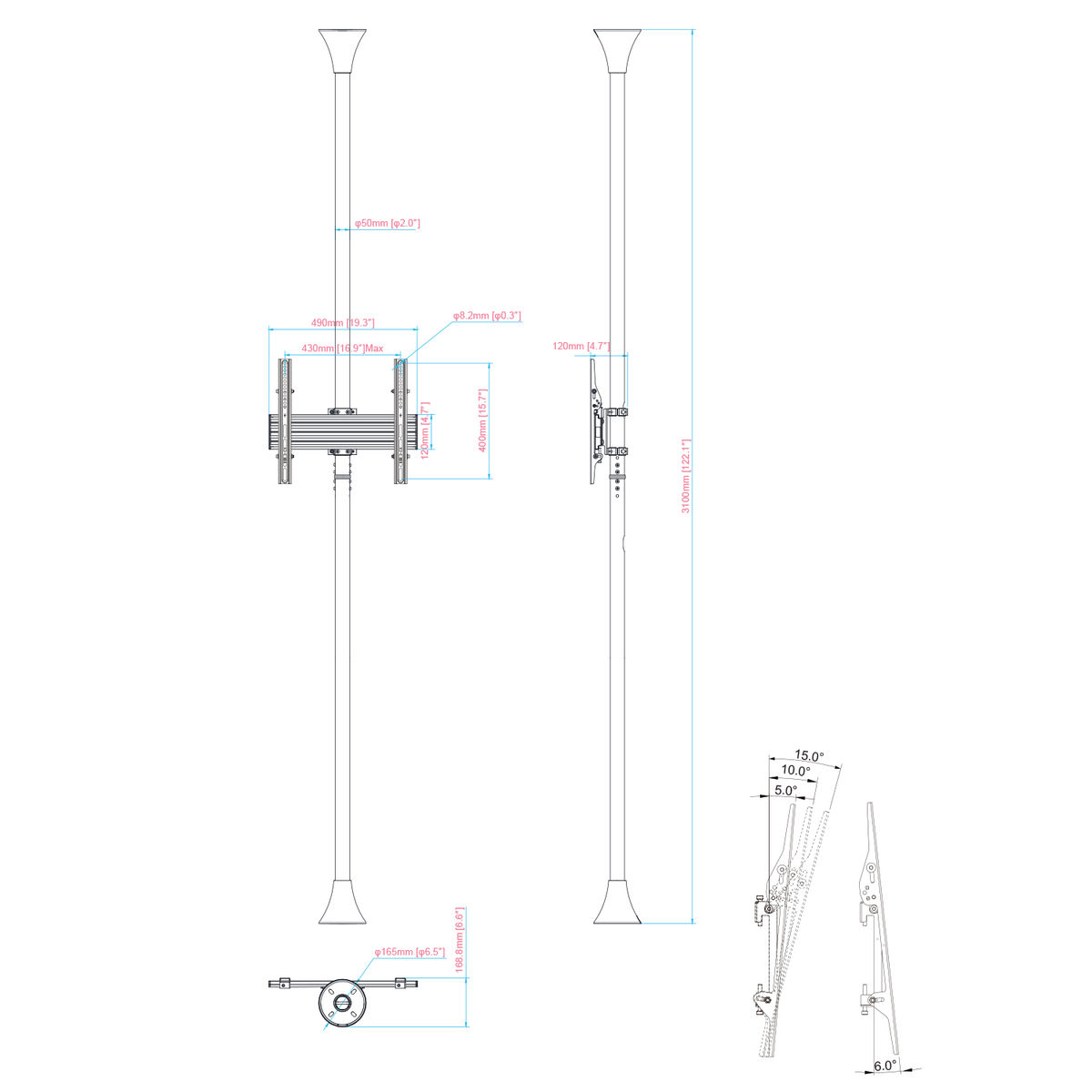 Dibujos técnicos de un soporte para un monitor, mostrando dimensiones y varias perspectivas.