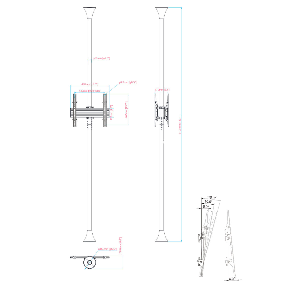 Dos postes de montaje verticales con medidas y diagramas para una instalación de pantalla.