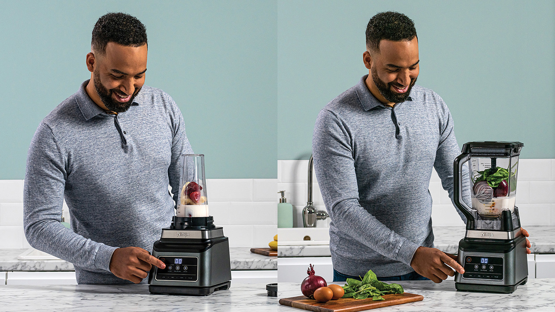 Mężczyzna używa blendera. Jeden ze składnikami, drugi z gotowym koktajlem. Scena kuchenna.