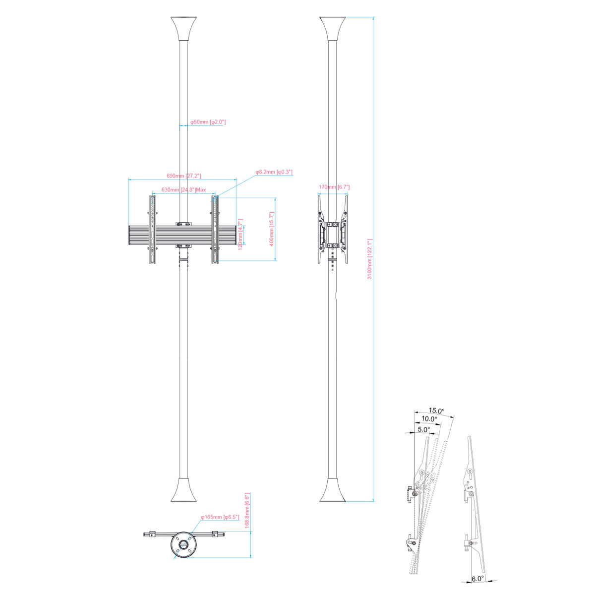 Dibujo técnico de dos postes verticales con soporte de TV y dimensiones.