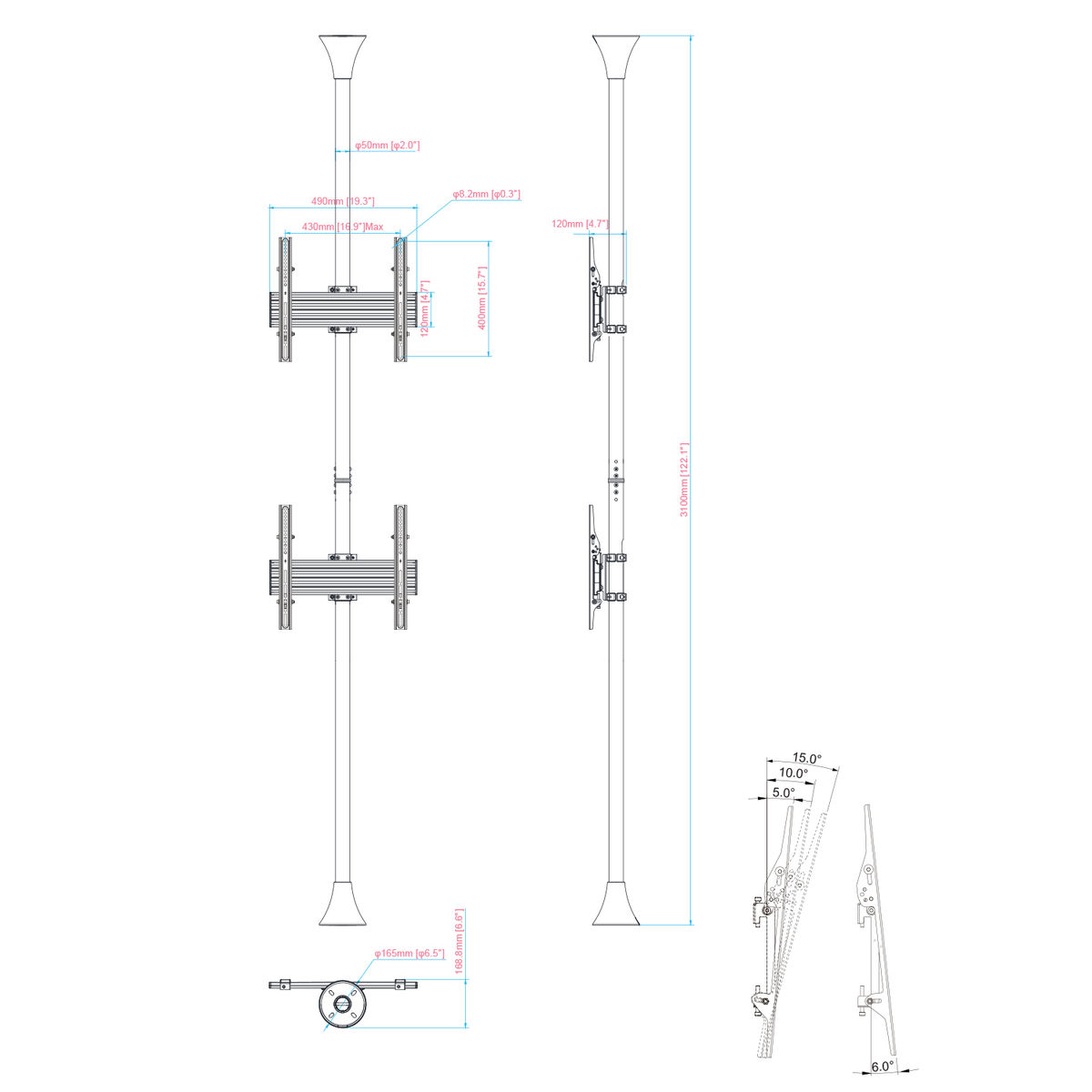 Diagrama de dos postes verticales para un televisor, que muestra medidas y herrajes de montaje. Fondo blanco.