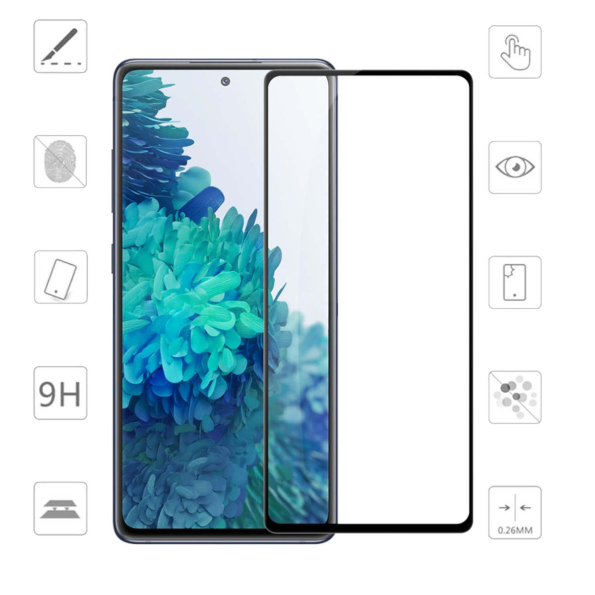 Un proteggi schermo per telefono con un'icona del telefono, un'icona 9H e altre icone, su sfondo bianco.