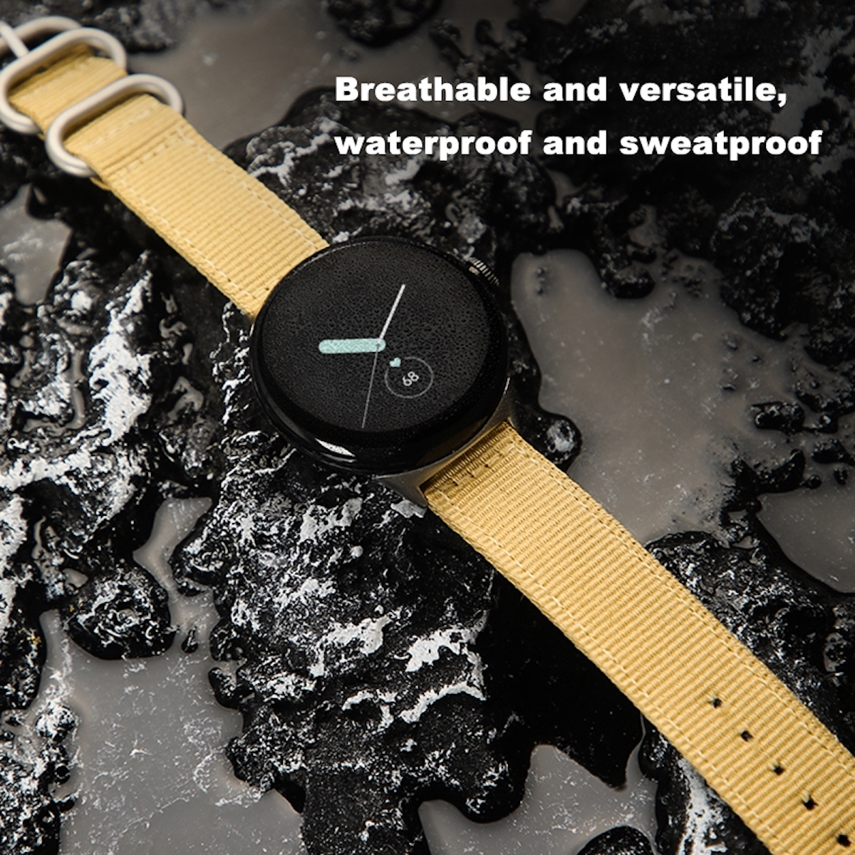Eine Smartwatch an einem gelben Armband, über einer strukturierten schwarz-weißen Oberfläche. Text erwähnt Wasserdichtigkeit.