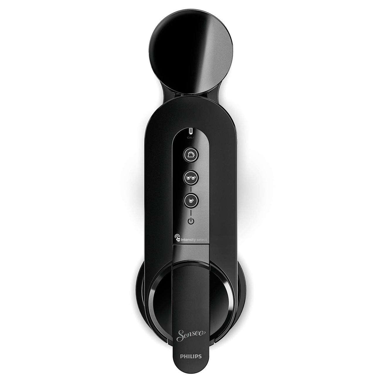 Czarny ekspres do kawy Senseo. Ma czarną konstrukcję z przyciskami i górną pokrywą.