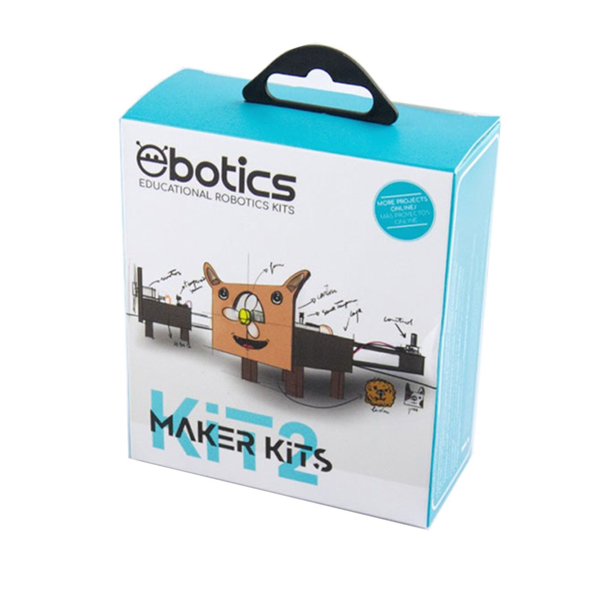 Caja de Maker Kits con ilustración de robot. Tapa azul, lados blancos, asa negra.