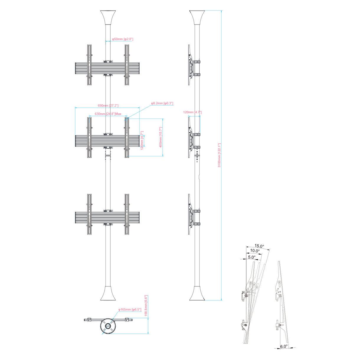 Diagrammi di pali per supporto TV con più supporti per display e dimensioni.