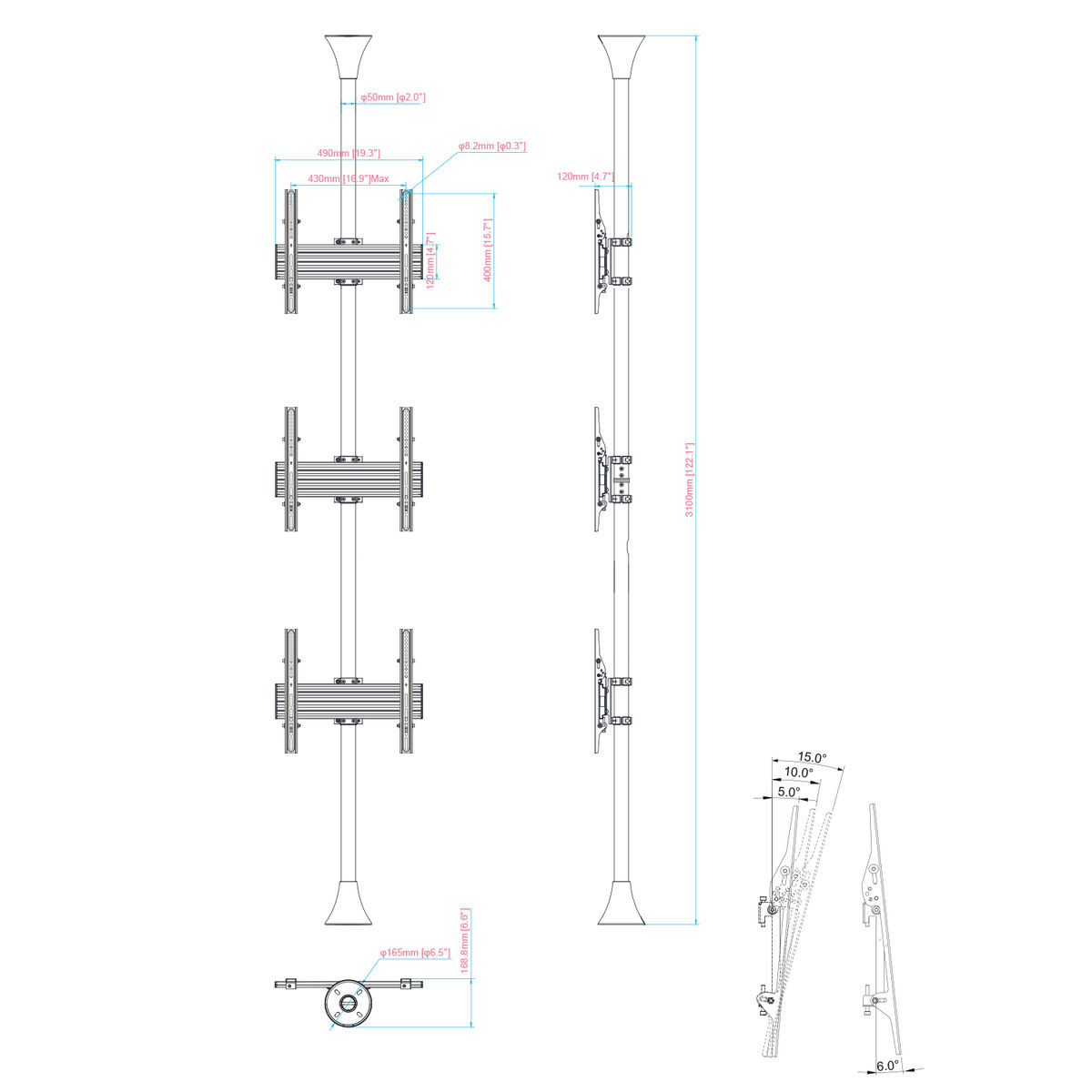 Dibujo técnico de un soporte de TV. Muestra dimensiones y detalles en líneas negras sobre fondo blanco.