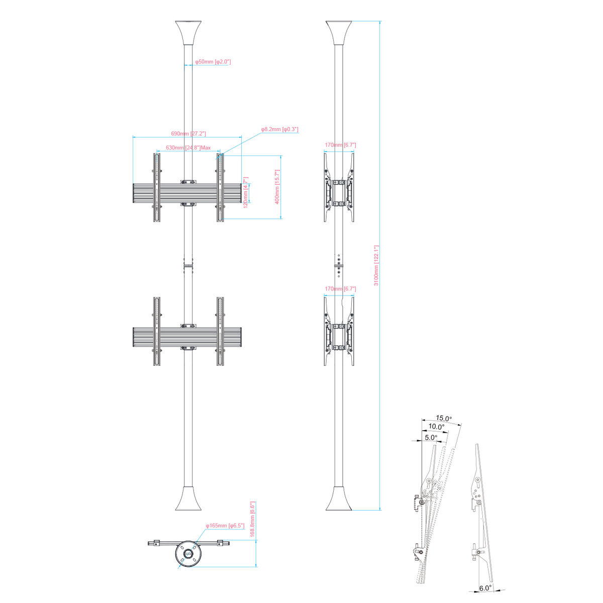 Dibujo técnico de soporte de montaje de TV, dimensiones en mm y pulgadas. Dos soportes.