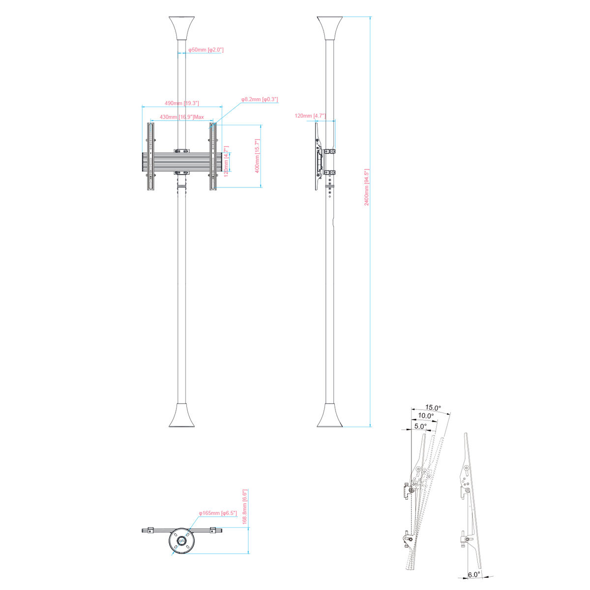 Dibujo técnico de un soporte de TV, con medidas y detalles, sobre un fondo blanco.